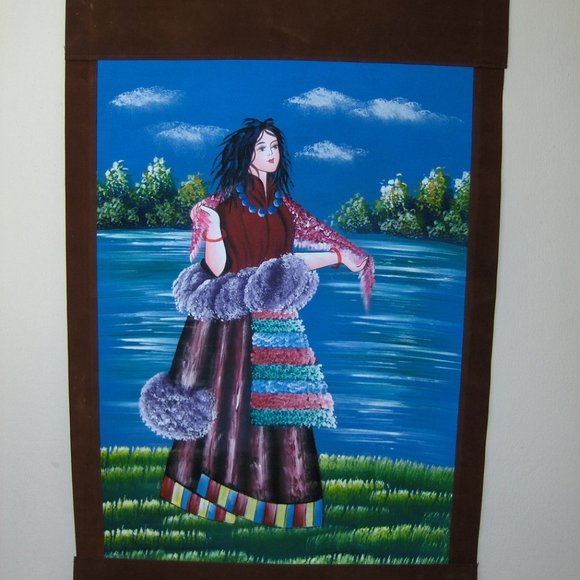 Colorful Acrylic Scroll Painting On Canvas Of Woman In Beautiful Dress by Water - Picture 2 of 7